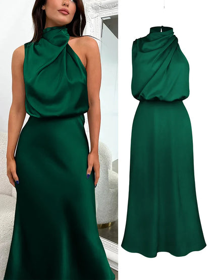 Camila - Vestido de mujer satinado largo con cuello drapeado