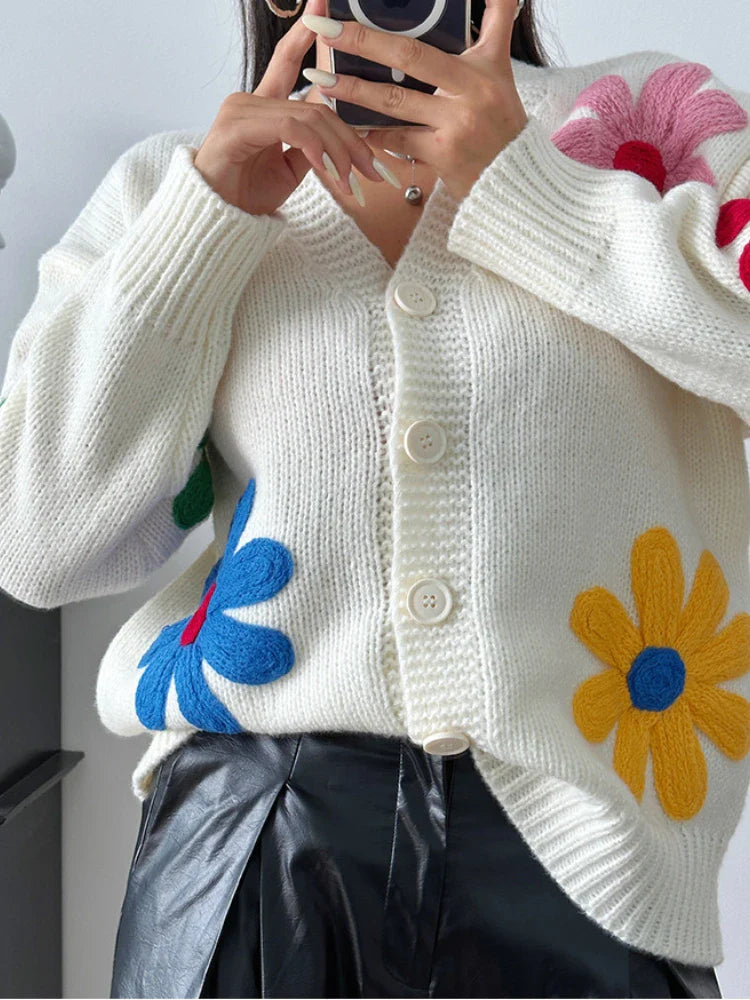 Flor | Cardigan de punto suelto con bordado de flores para mujer