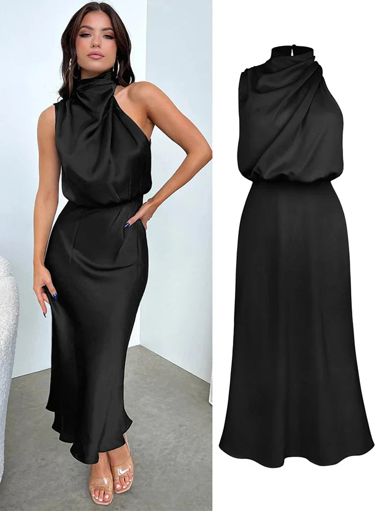 Camila - Vestido de mujer satinado largo con cuello drapeado