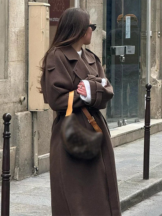 Palenqueh | Elegante abrigo maxi para mujer con doble fila de botones y cinturón