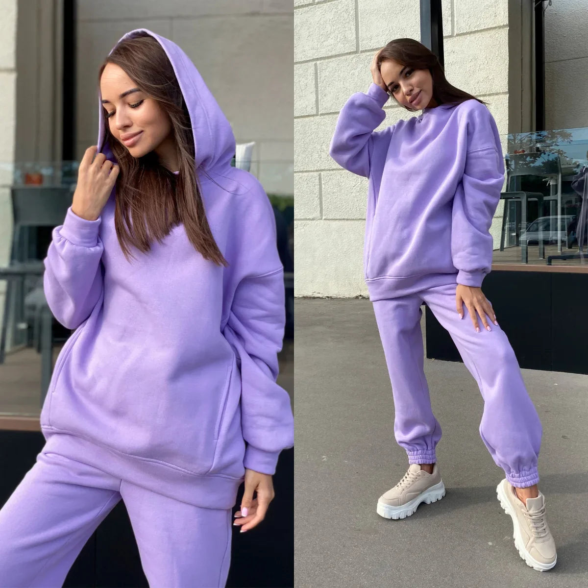 Andreea | Conjunto de hoodie monocromático con capucha para mujeres otoño e invierno