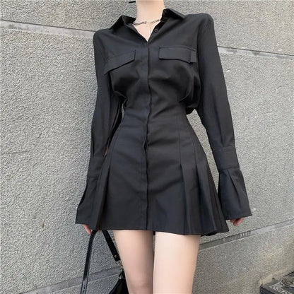 Kathyziel | Vestido de camisa negro para mujeres con pliegues