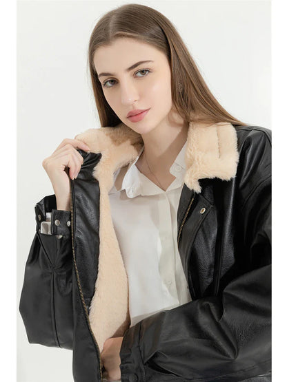 Pahloma | Chaqueta de invierno de cuero para mujer con piel sintética