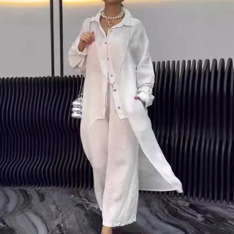 Albah | Conjunto de ganchillo de lino para mujer con botones y cuello de solapa