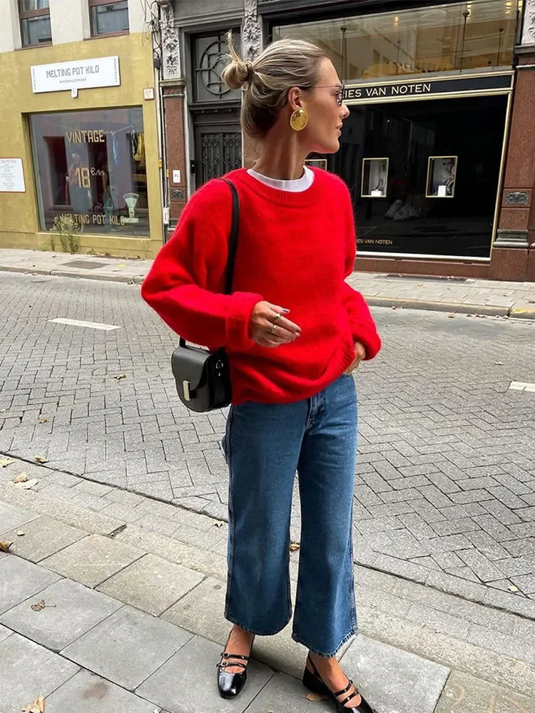 Elveera | Elegante suéter rojo de algodón con escote redondo para mujeres