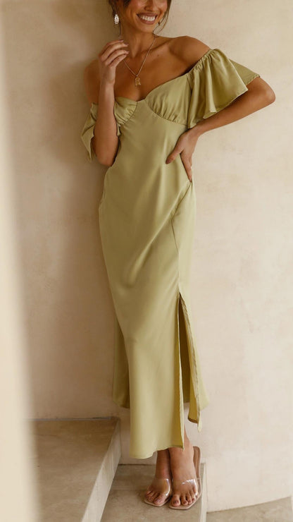 Valeria – Vestido de Noche con Hombros Descubiertos y Abertura Lateral