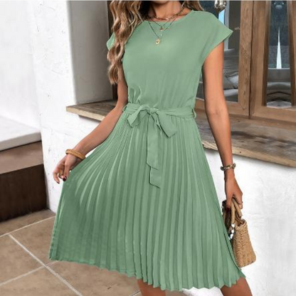 Lucía - Vestido midi plisado para mujer con lazo en cintura
