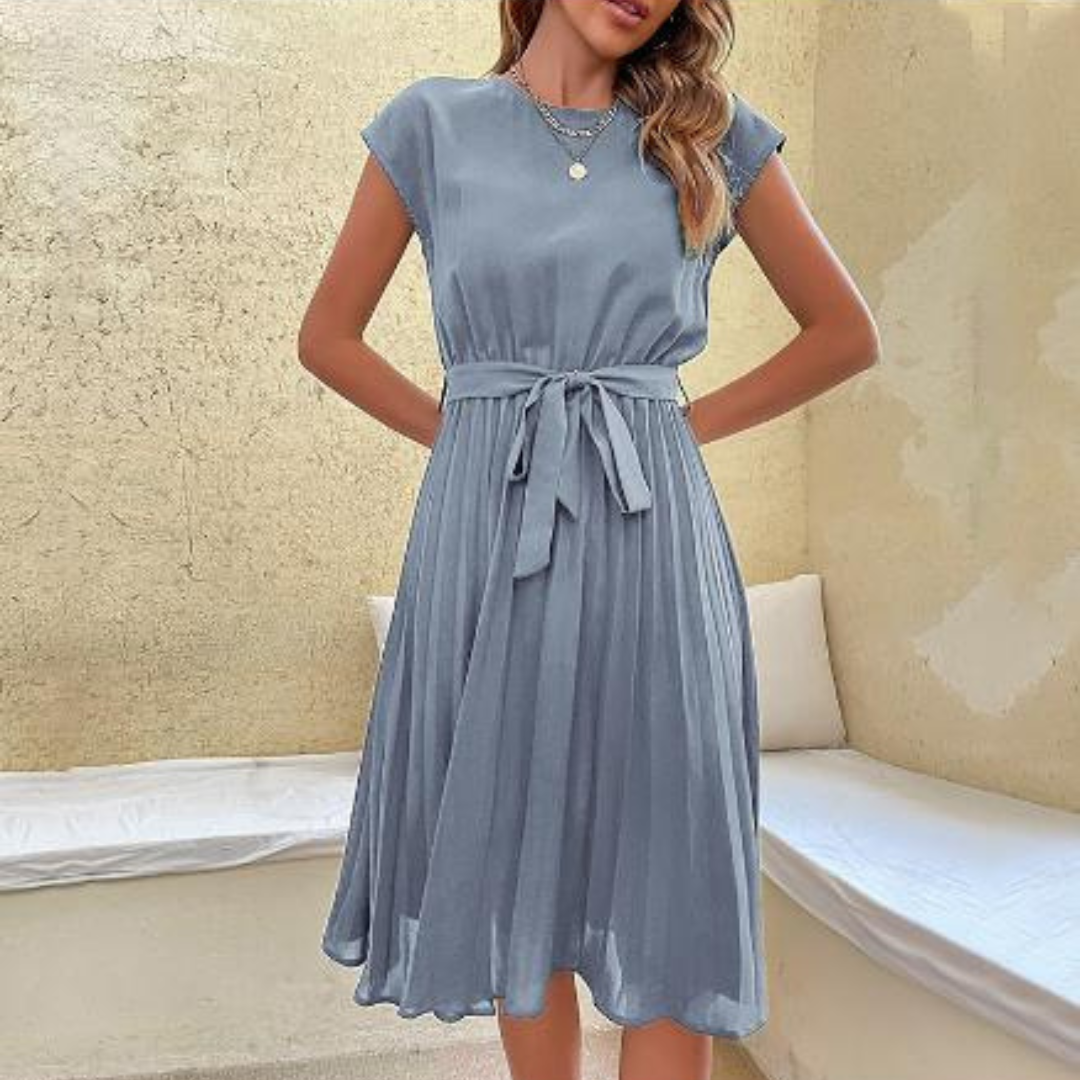 Lucía - Vestido midi plisado para mujer con lazo en cintura
