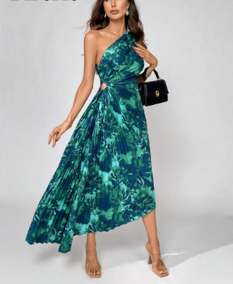 Valentina - Vestido asimétrico plisado con estampado