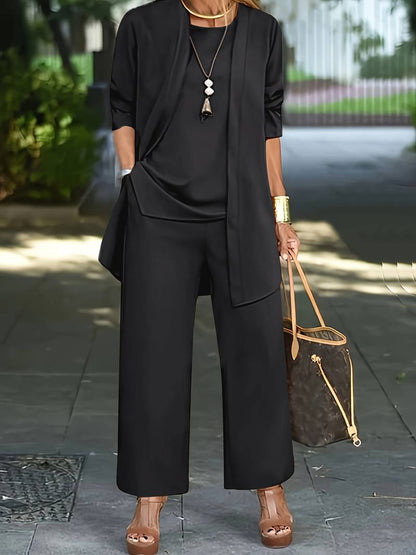 Valentina - Conjunto de mujer tres piezas con chaqueta larga y pantalón ancho