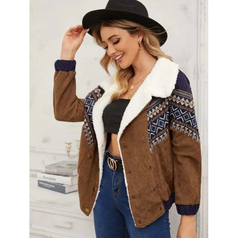 Evah | Chaqueta con cuello de piel de cordero con costuras de moda para otoño e invierno