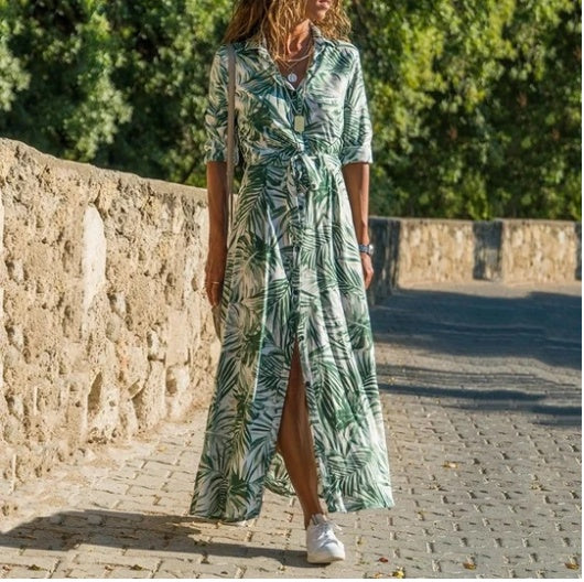 Ariána | Vestido maxi de verano de gasa con escote en V y estampado de rayas sexy