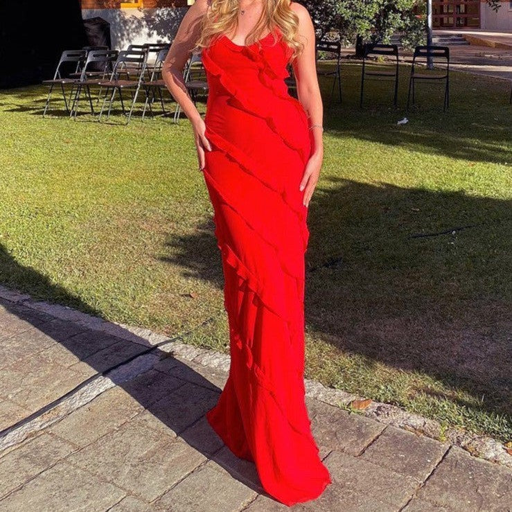 Cleopatra - Vestido de noche rojo con volantes