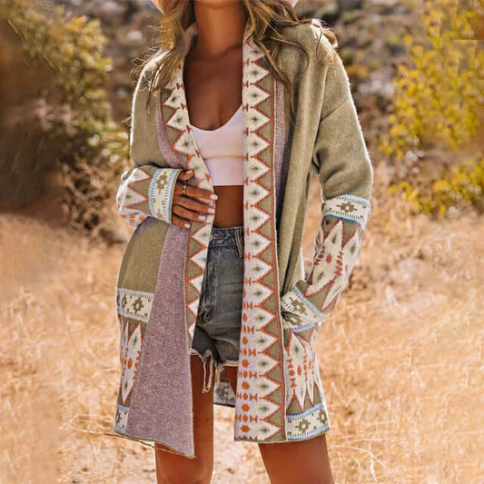 Camila – Cárdigan Largo Étnico con Estampado Boho