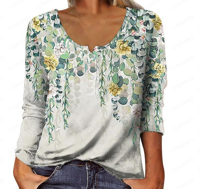 Leire | Camiseta de manga larga con cuello en U, estampado geométrico floral y botones