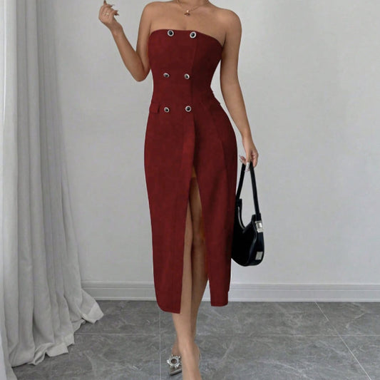 Suzette - Vestido midi con abertura sin tirantes