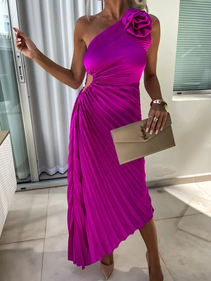 Natalia - Vestido Mujer Asimétrico de Fiesta con Plisado y Flor en Hombro