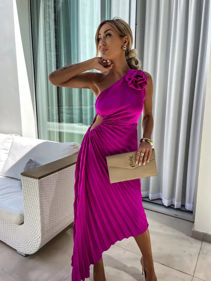 Natalia - Vestido Mujer Asimétrico de Fiesta con Plisado y Flor en Hombro