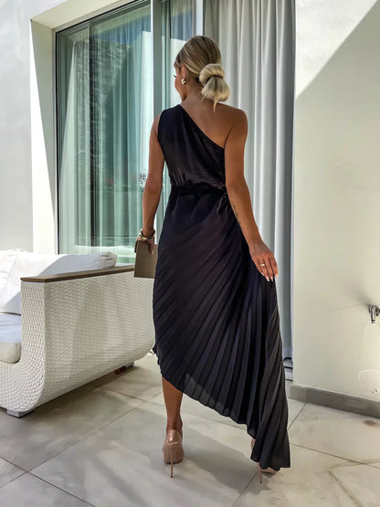 Natalia - Vestido Mujer Asimétrico de Fiesta con Plisado y Flor en Hombro