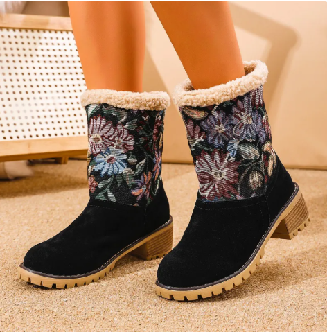 Elowynn | Botas de nieve con flores bordadas, estilo étnico, tacón cuadrado grueso