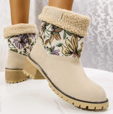 Elowynn | Botas de nieve con flores bordadas, estilo étnico, tacón cuadrado grueso