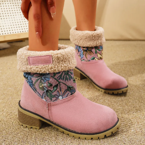 Elowynn | Botas de nieve con flores bordadas, estilo étnico, tacón cuadrado grueso