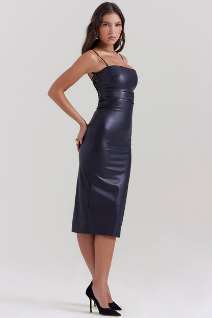 Jalena - Vestido midi de cuero sintético con tirantes