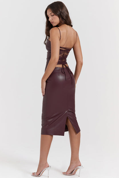 Jalena - Vestido midi de cuero sintético con tirantes