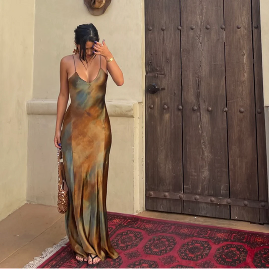 Laura - Vestido maxi de satén acuarela
