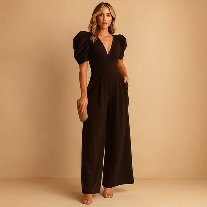 Isabella - Mono largo para mujer con mangas abullonadas y escote en V