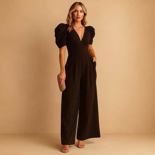 Isabella - Mono largo para mujer con mangas abullonadas y escote en V