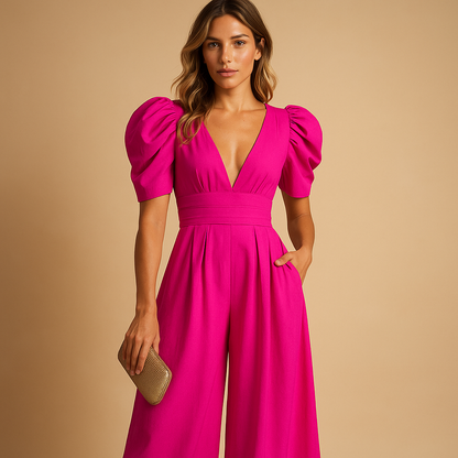 Isabella - Mono largo para mujer con mangas abullonadas y escote en V