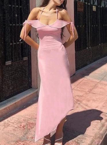 Véhronica | Vestido largo rosa sin hombros con diseño halter